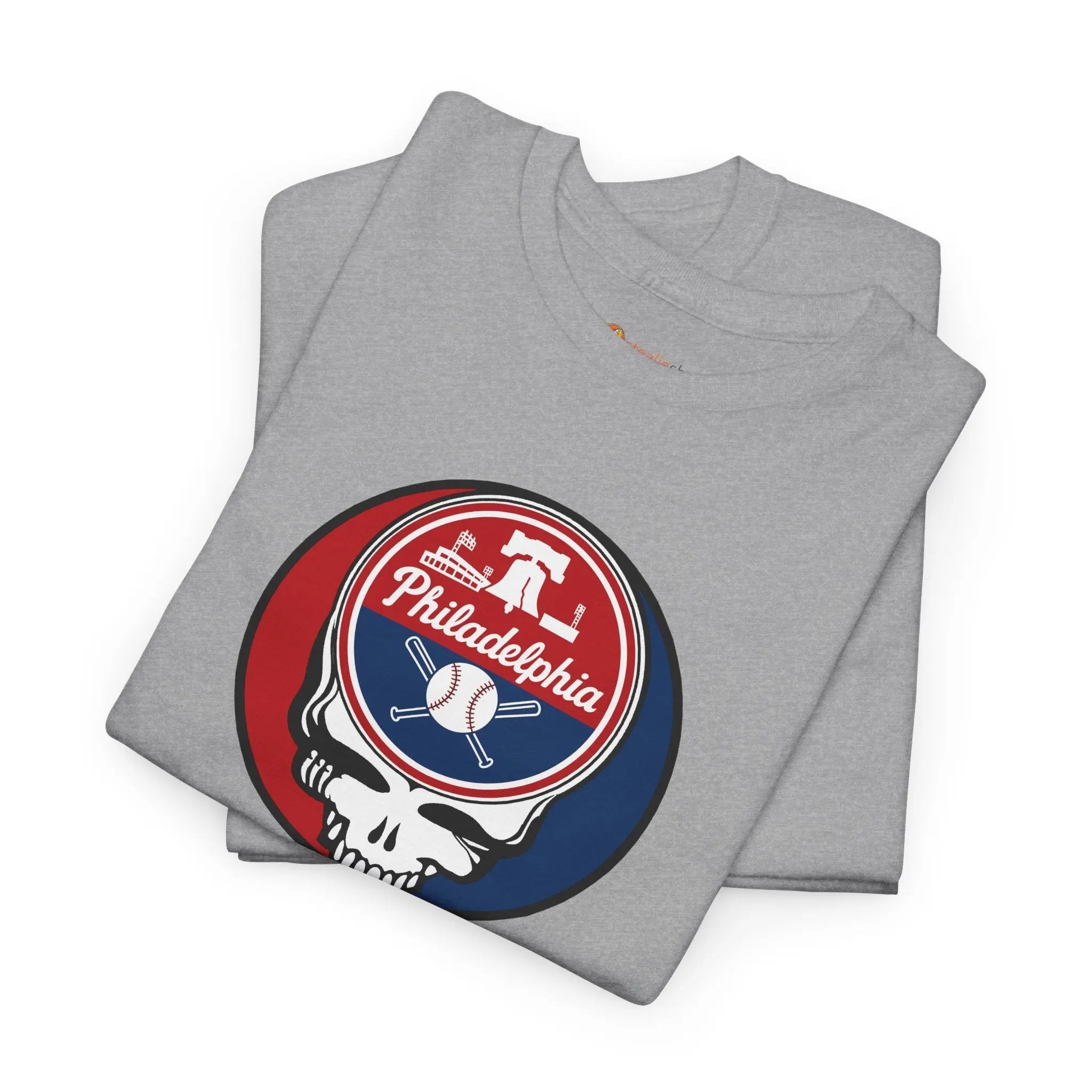 Heather gray crewneck T-shirt with Philadelphia logo and mascot graphic on front.