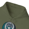 Olive Mariners hoodie close-up of hood and front Seattle logo graphic