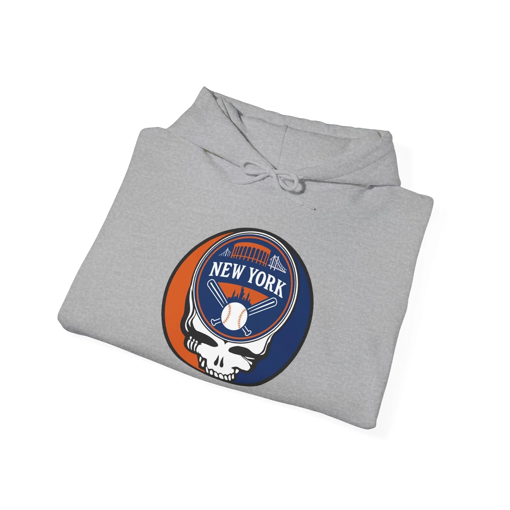 Light gray hoodie with adjustable hood, front pouch pocket, New York Mets logo patch