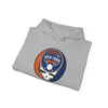 Light gray hoodie with adjustable hood, front pouch pocket, New York Mets logo patch