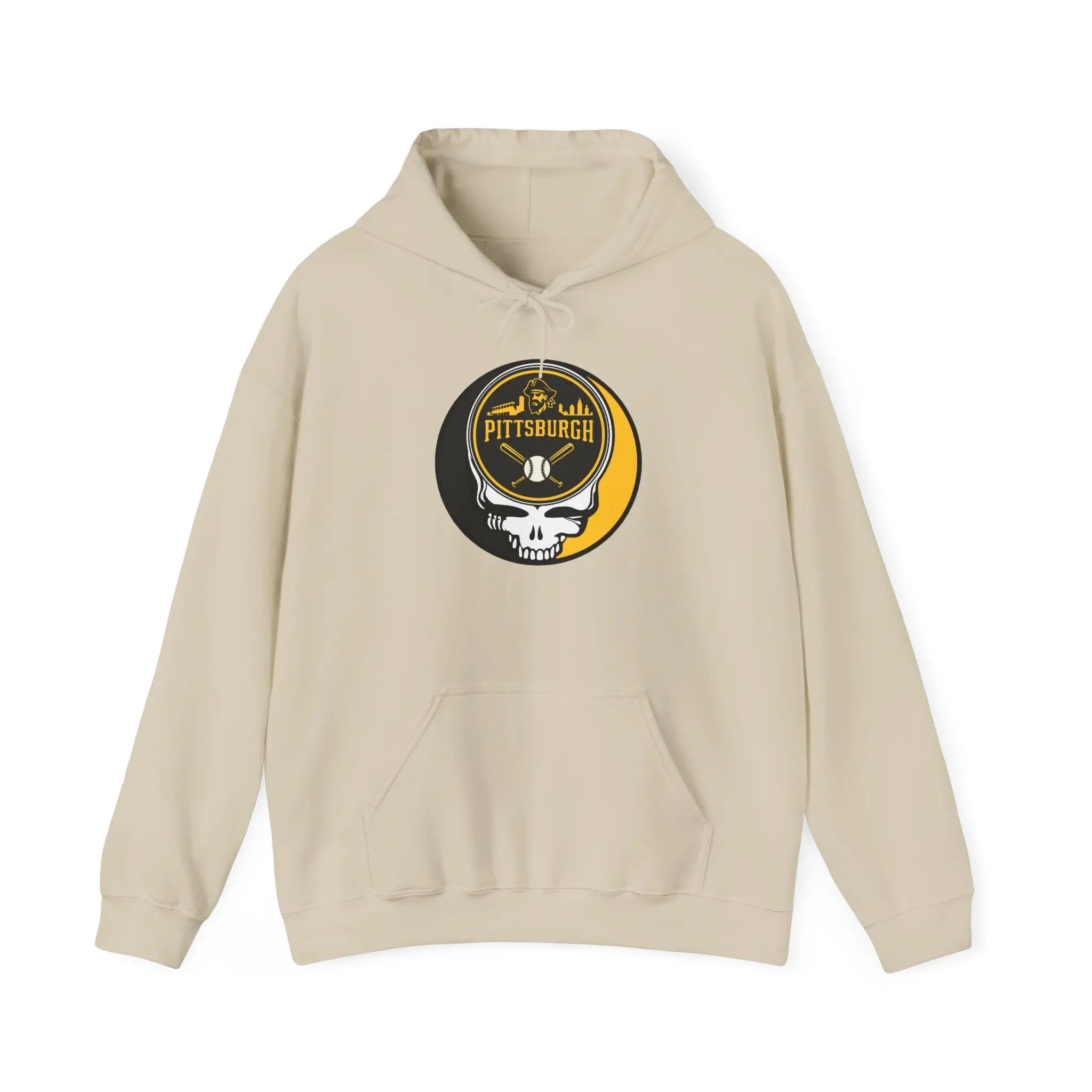 Sand beige Pittsburgh hoodie with front pouch pocket, drawstring hood, and Stealie logo
