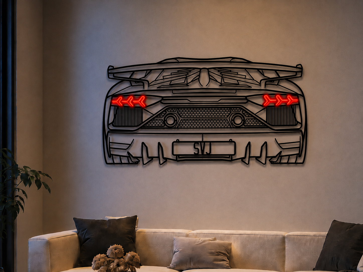 Metal neon car wall art mounted above a sofa, with red LED details and SVJ plate