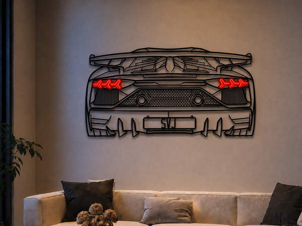 Metal neon car wall art mounted above a sofa, with red LED details and SVJ plate