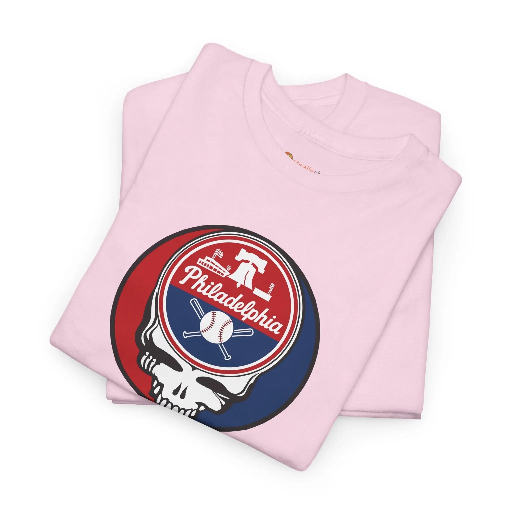Light pink short-sleeve crewneck T-shirt set with circular Stealie skull Philadelphia graphic