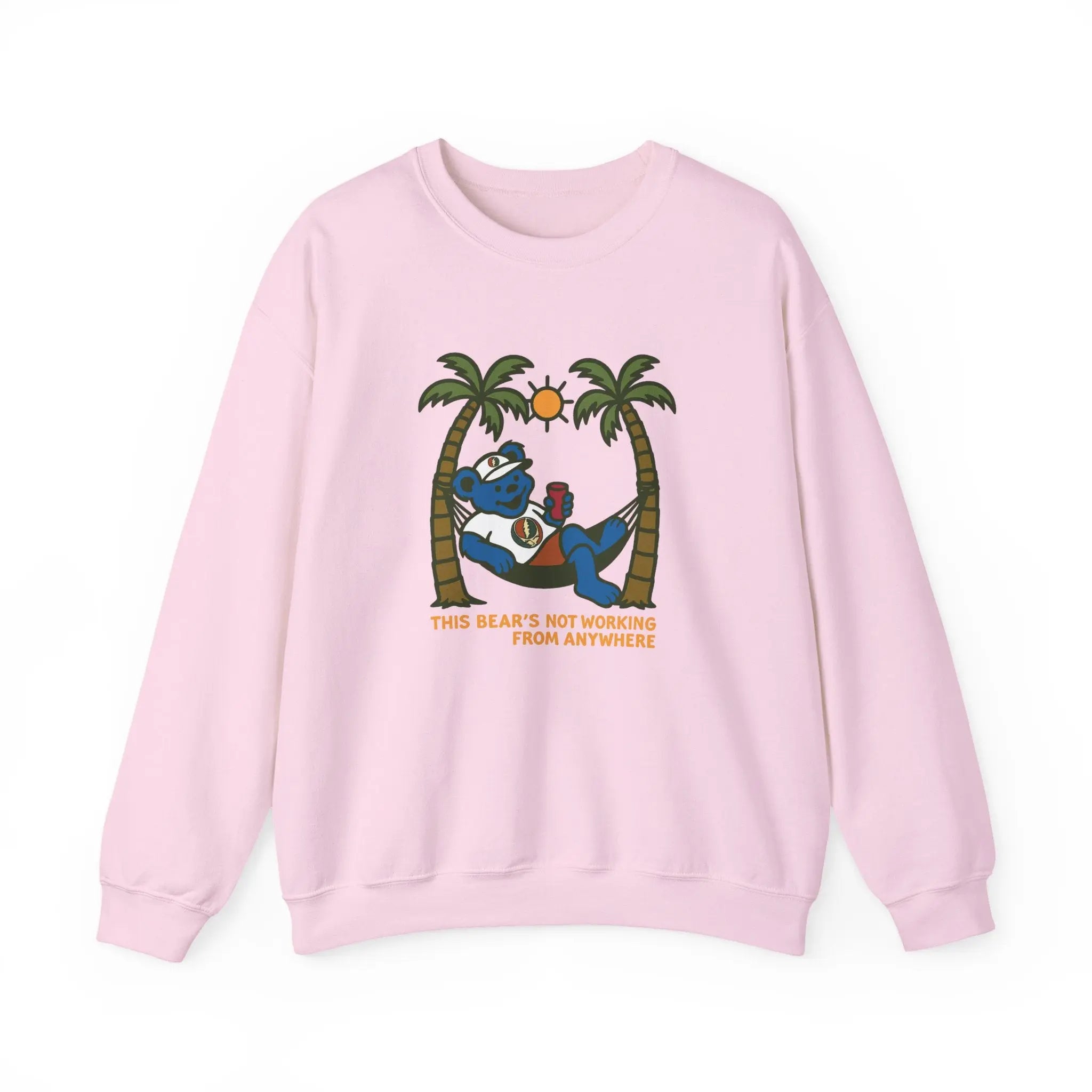 Light pink crewneck sweatshirt with front bear-and-palm tree graphic