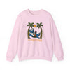 Light pink crewneck sweatshirt with front bear-and-palm tree graphic