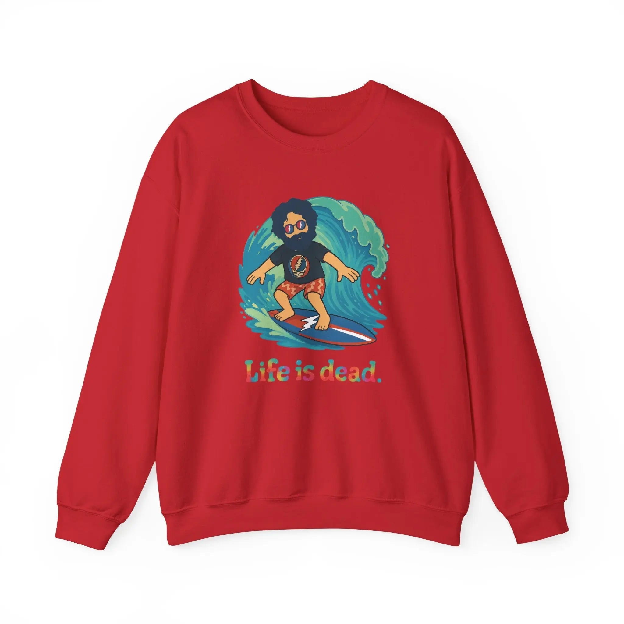 Red crewneck sweatshirt with surfer character graphic and 'Life is dead.' text