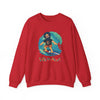 Red crewneck sweatshirt with surfer character graphic and 'Life is dead.' text