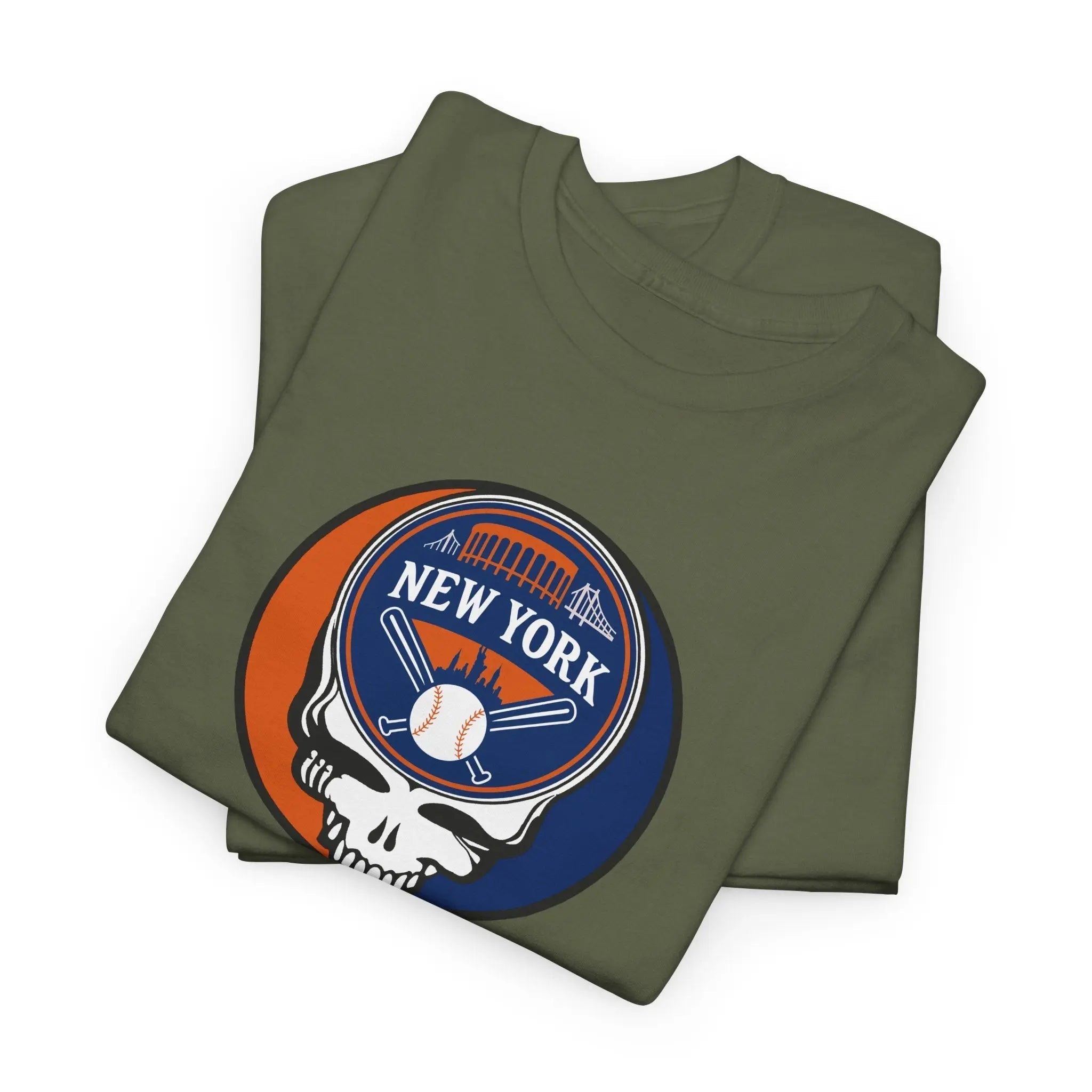 Olive green T-shirt with circular New York Mets logo skull graphic on chest