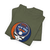Olive green T-shirt with circular New York Mets logo skull graphic on chest