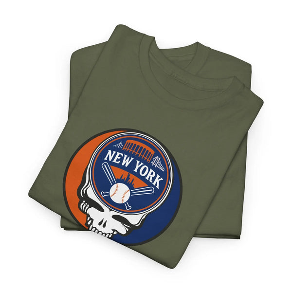 Olive green T-shirt with circular New York Mets logo skull graphic on chest