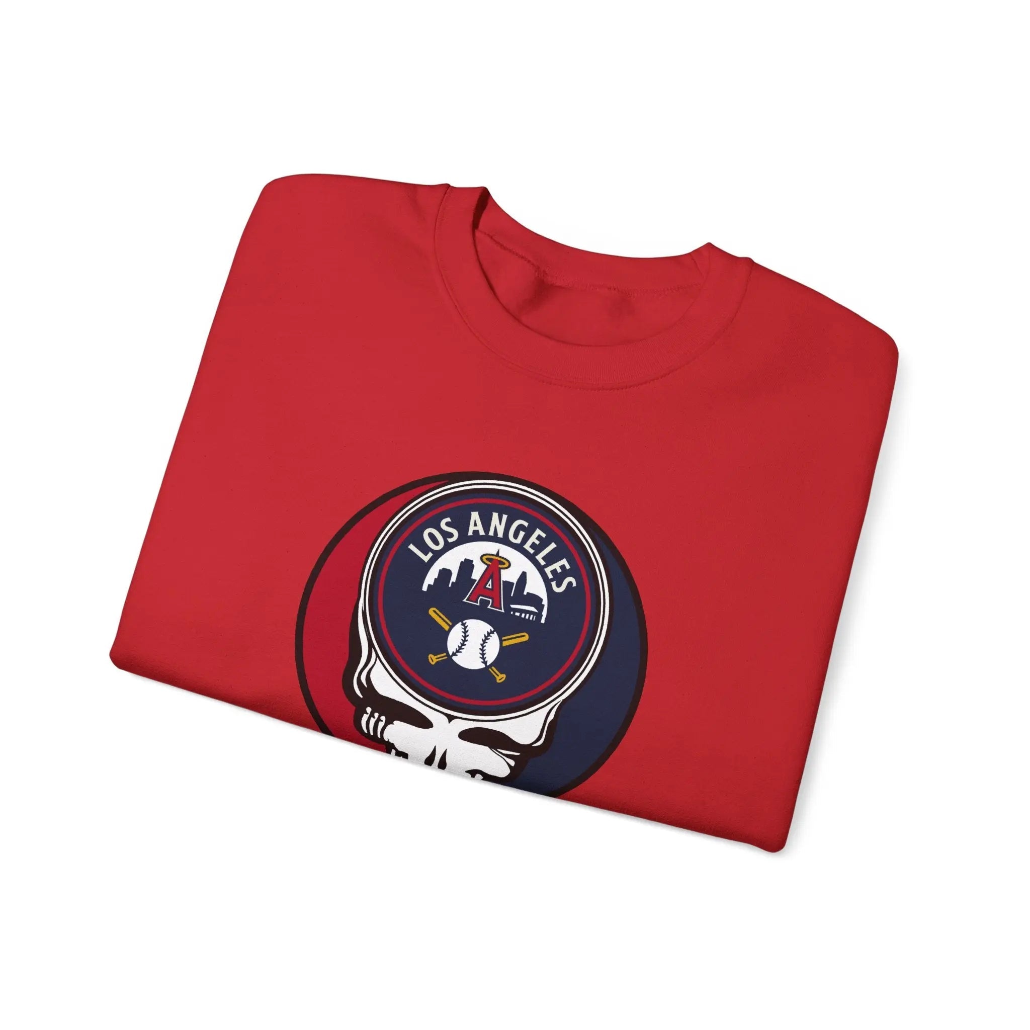 Red crewneck sweatshirt with round Stealie logo chest graphic