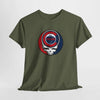 Olive green Chicago Stealie skull graphic T-shirt, crew neck, short sleeves