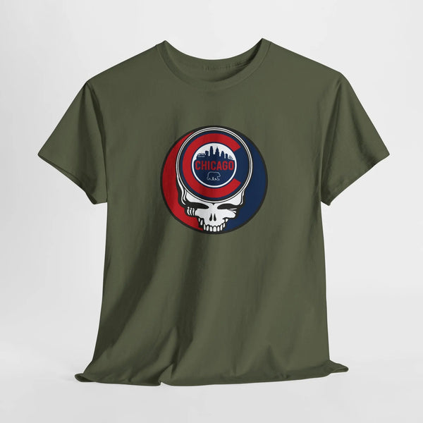 Olive green Chicago Stealie skull graphic T-shirt, crew neck, short sleeves
