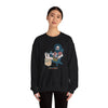 Black crewneck sweatshirt worn by model, cartoon graphic on chest