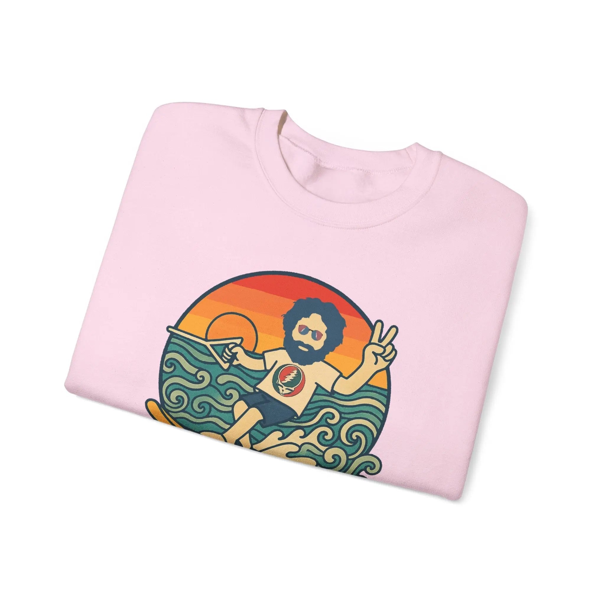 Light pink crewneck sweatshirt, folded close-up, chest cartoon graphic