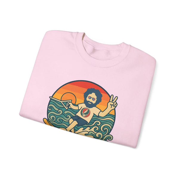 Light pink crewneck sweatshirt, folded close-up, chest cartoon graphic