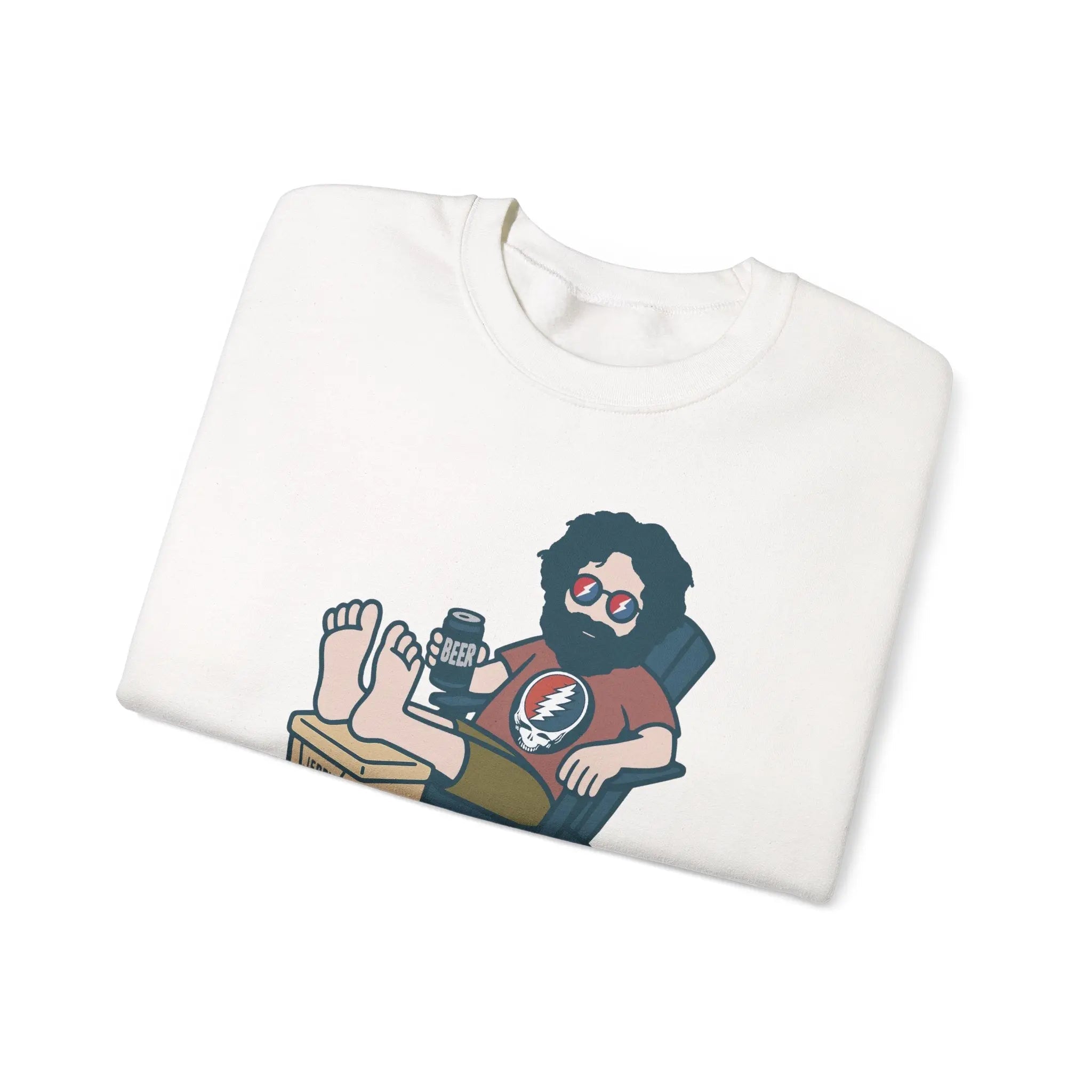 White folded crewneck sweatshirt with Jerry beer graphic on chest