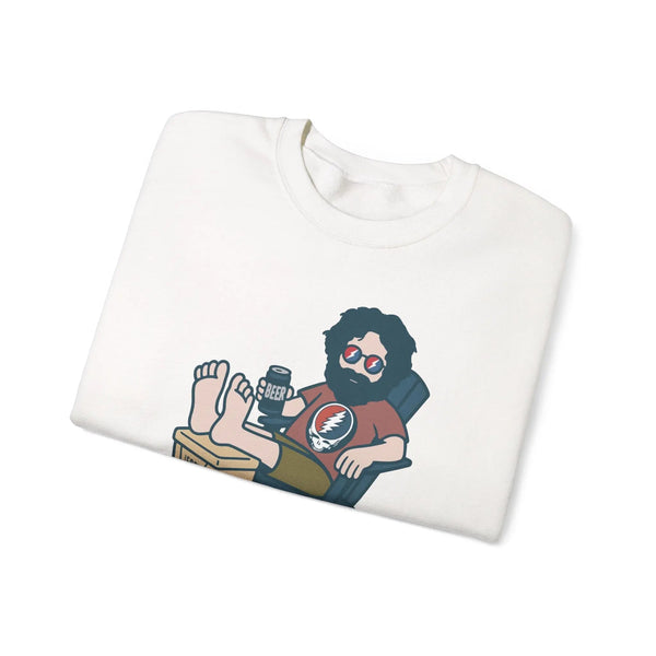 White folded crewneck sweatshirt with Jerry beer graphic on chest