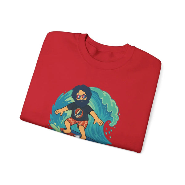 Red crewneck sweatshirt with surfer character graphic on the front