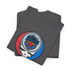 Dark charcoal crewneck graphic T-shirt with circular skull logo on the chest