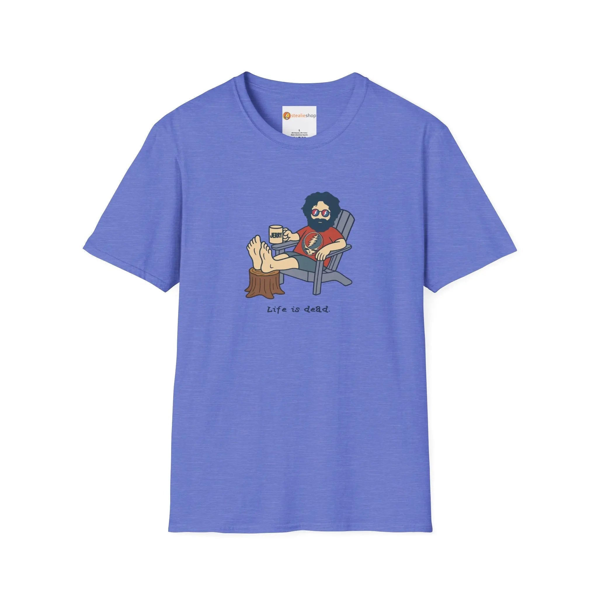 Heather royal graphic T-shirt with crew neck and illustrated seated character on front