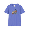 Heather royal graphic T-shirt with crew neck and illustrated seated character on front