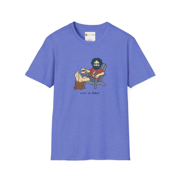 Heather royal graphic T-shirt with crew neck and illustrated seated character on front