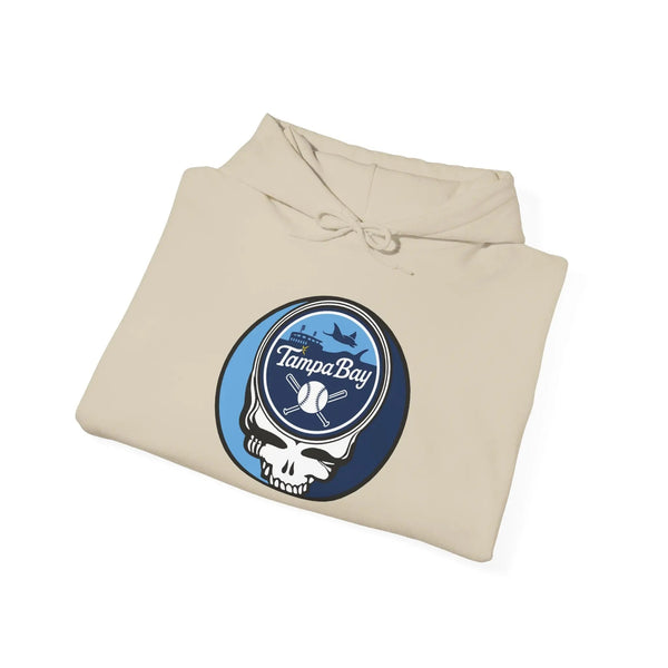 Sand beige hoodie with front pouch and Tampa Bay Rays skull logo patch