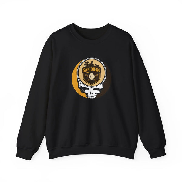 Black crewneck sweatshirt with long sleeves and San Diego skull graphic on chest