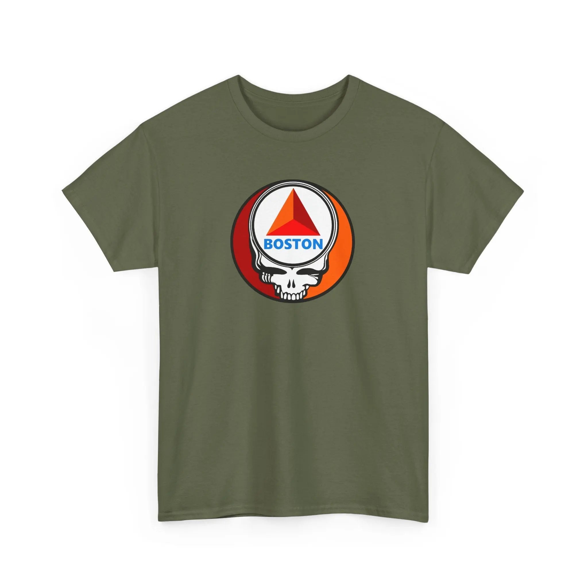 Military green T-shirt with circular Boston skull graphic at chest