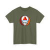 Military green T-shirt with circular Boston skull graphic at chest