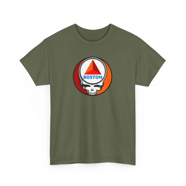 Military green T-shirt with circular Boston skull graphic at chest