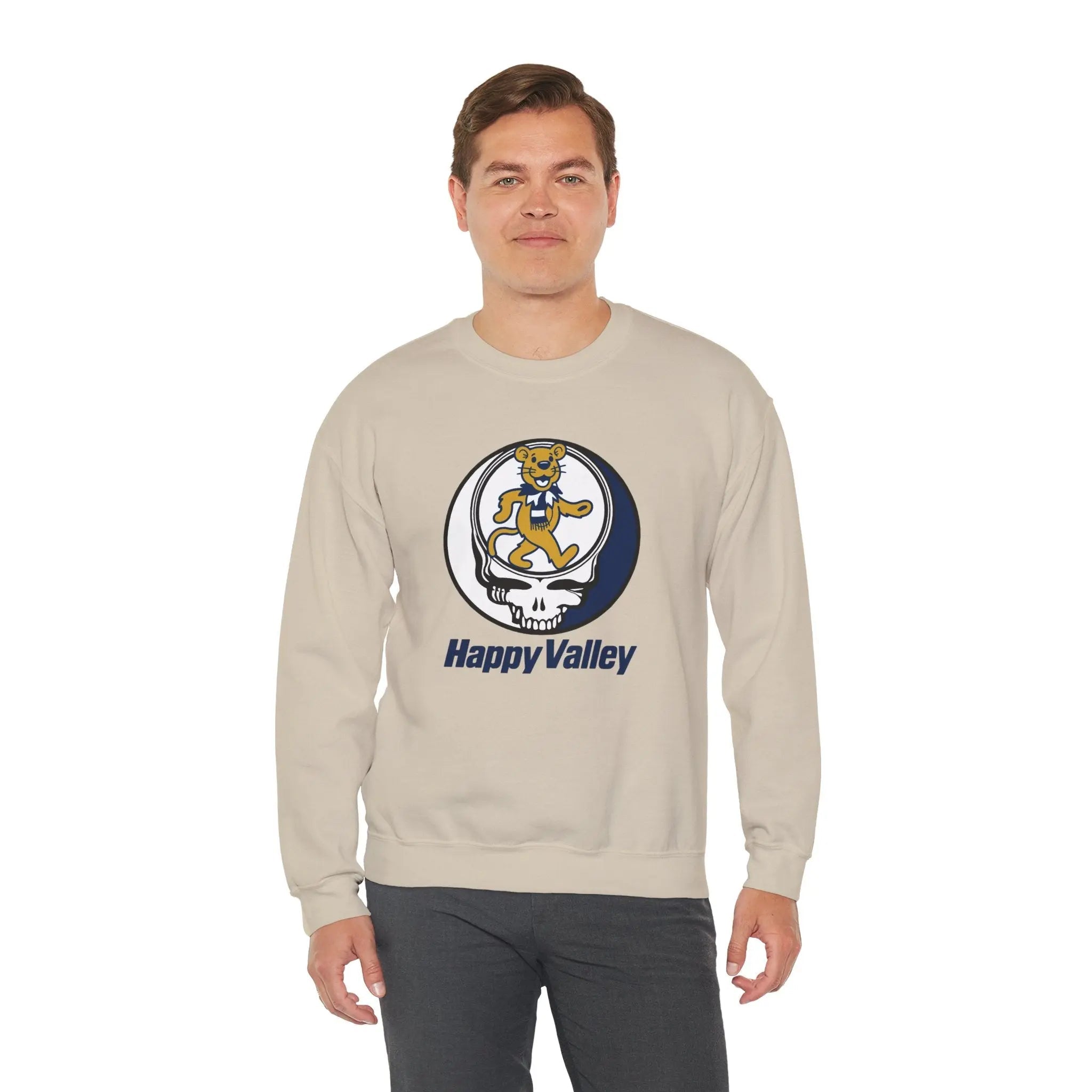 Sand crewneck sweatshirt featuring circular dancing lion logo on the chest