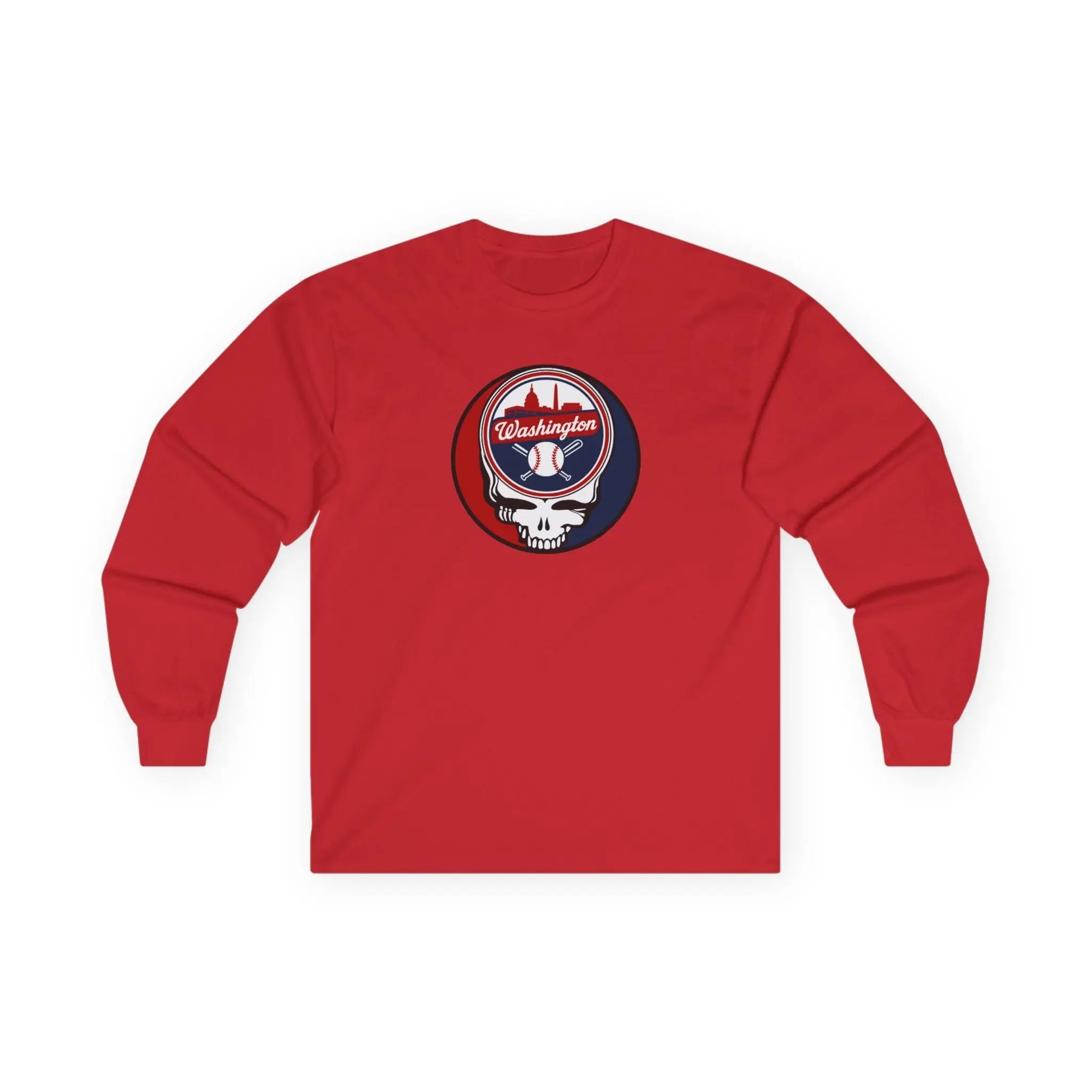 Red long-sleeve T-shirt with circular Washington logo and skull graphic