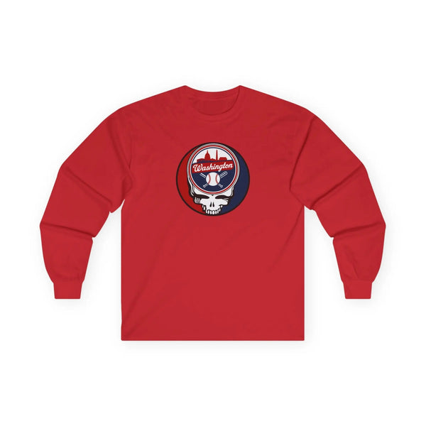 Red long-sleeve T-shirt with circular Washington logo and skull graphic