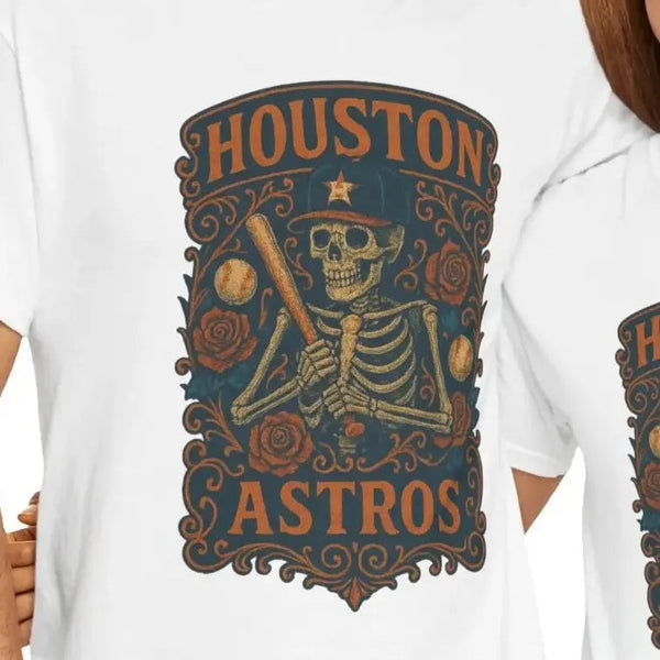 White Houston Astros graphic T-shirt with ornate skull and crest front print