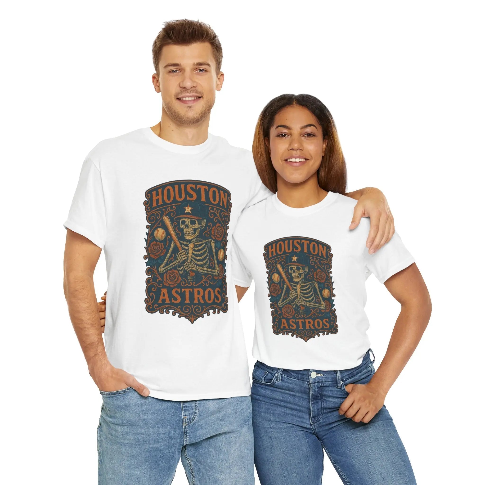White Houston Astros graphic T-shirt, crew neck, front print on model
