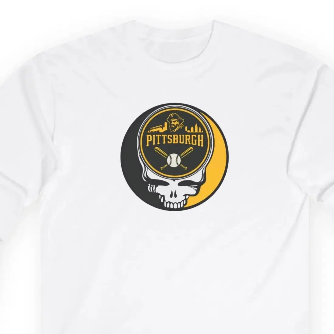 White long-sleeve T-shirt with Pittsburgh Pirates Stealie skull chest graphic