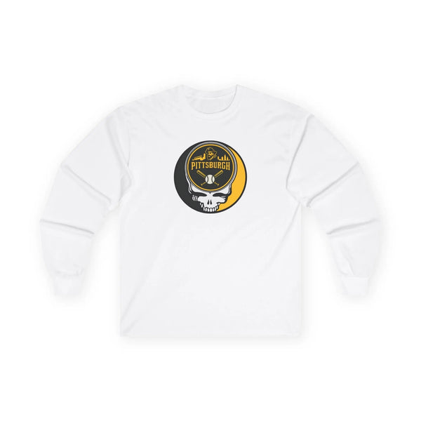 White long-sleeve T-shirt with small Pittsburgh Pirates Stealie skull logo on chest