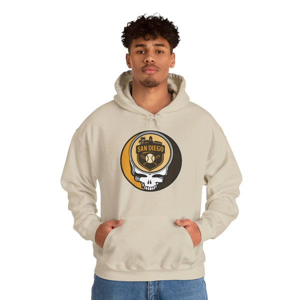 Sand pullover hoodie with hood and San Diego circular logo skull graphic