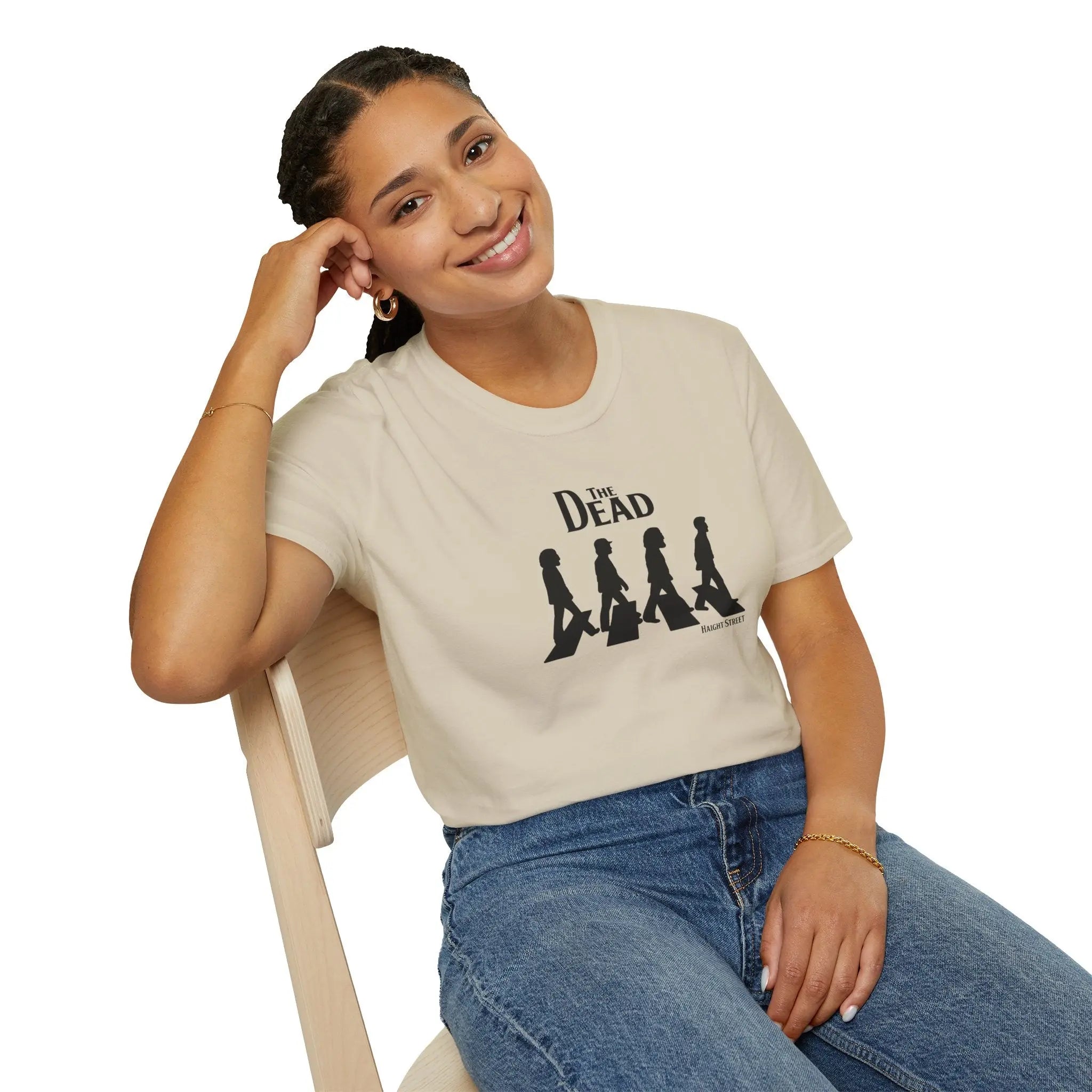 White crewneck T-shirt with black crosswalk silhouette graphic, side view