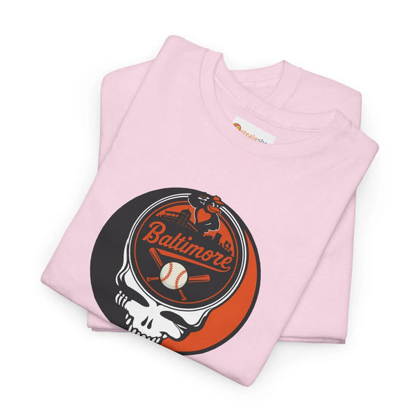 Light pink graphic T-shirt with Stealie skull Baltimore Orioles logo