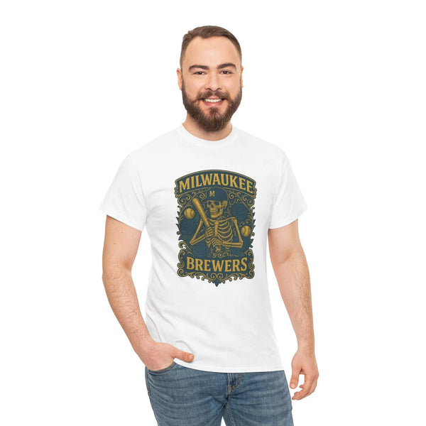 White short-sleeve t-shirt with Brewers skeleton logo on front, worn by man