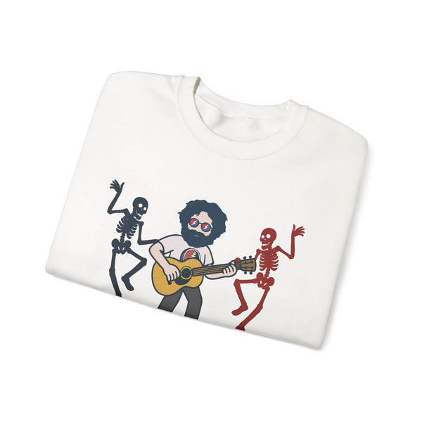 White crewneck sweatshirt folded, featuring band graphic print