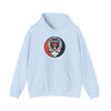 Light blue pullover hoodie with front Detroit logo patch and kangaroo pocket
