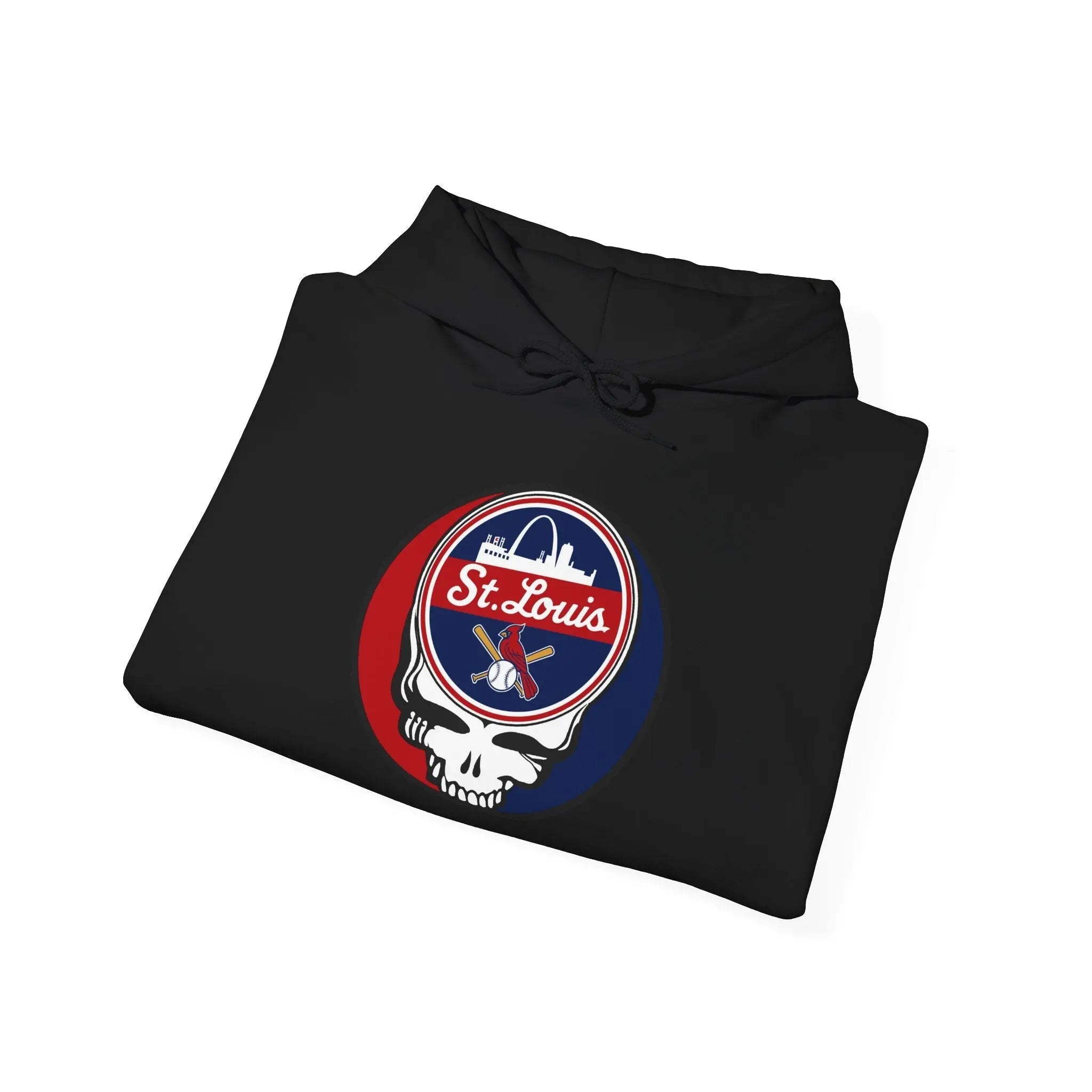 Black folded pullover hoodie with front pouch pocket and drawstring, Cardinals logo patch