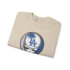 Cream crewneck sweatshirt with Dodgers Stealie circular skull logo, angled view