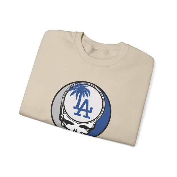 Cream crewneck sweatshirt with Dodgers Stealie circular skull logo, angled view