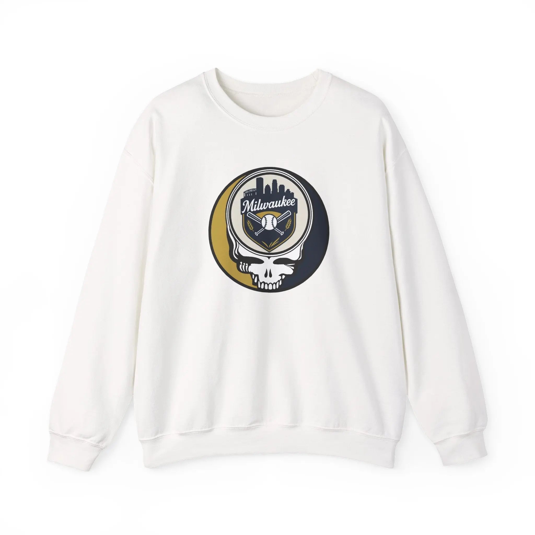 White crewneck sweatshirt with circular Milwaukee skull logo graphic